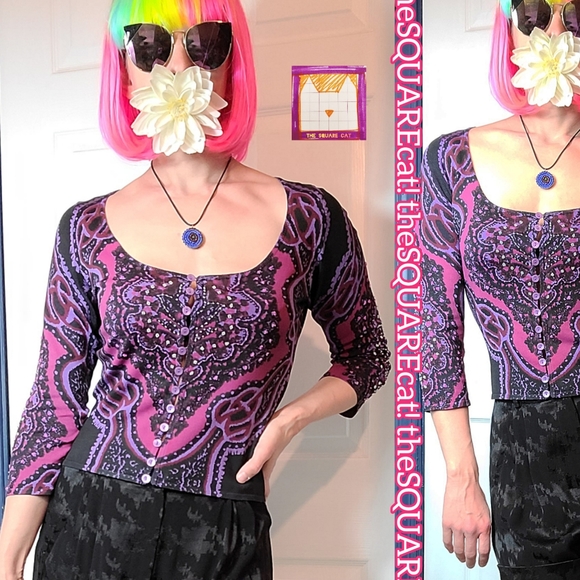 90s ๐ Betsey Johnson psychedelic funky button down 3/4 sleeves beaded cardigan! - Picture 1 of 12